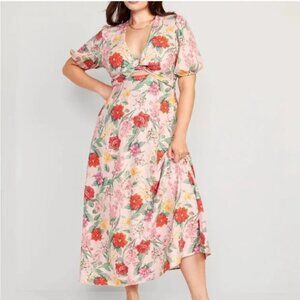 Old Navy womens pink flower twist wrap puff sleeve linen blend dress size medium